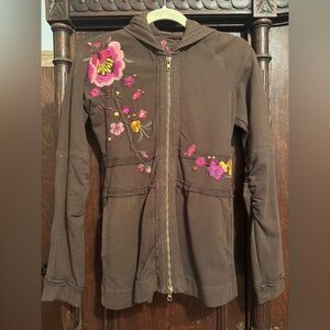 Johnny Was Brown Peplum Jacket with Pink Floral Embroidery XS